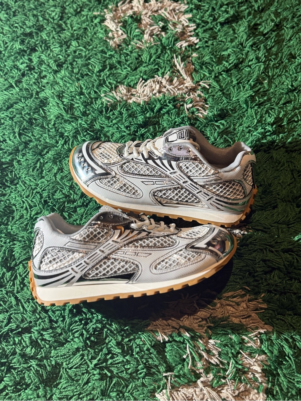 Bottega Veneta White and Silver Mesh Trail Sneakers